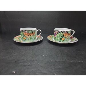 Ultra Porcelain by Sakura Jungle Magic Cup & Saucers, Set of 2, Vtg 4 Piece Set